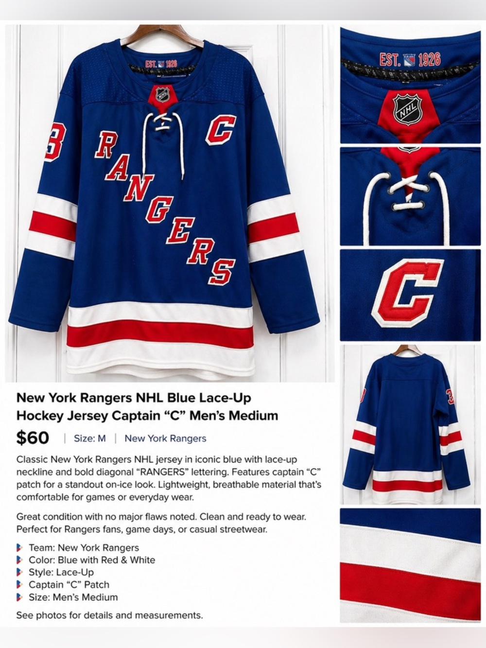 New York Rangers NHL Hockey Jersey Lace-Up Blue Captain “C” Size M